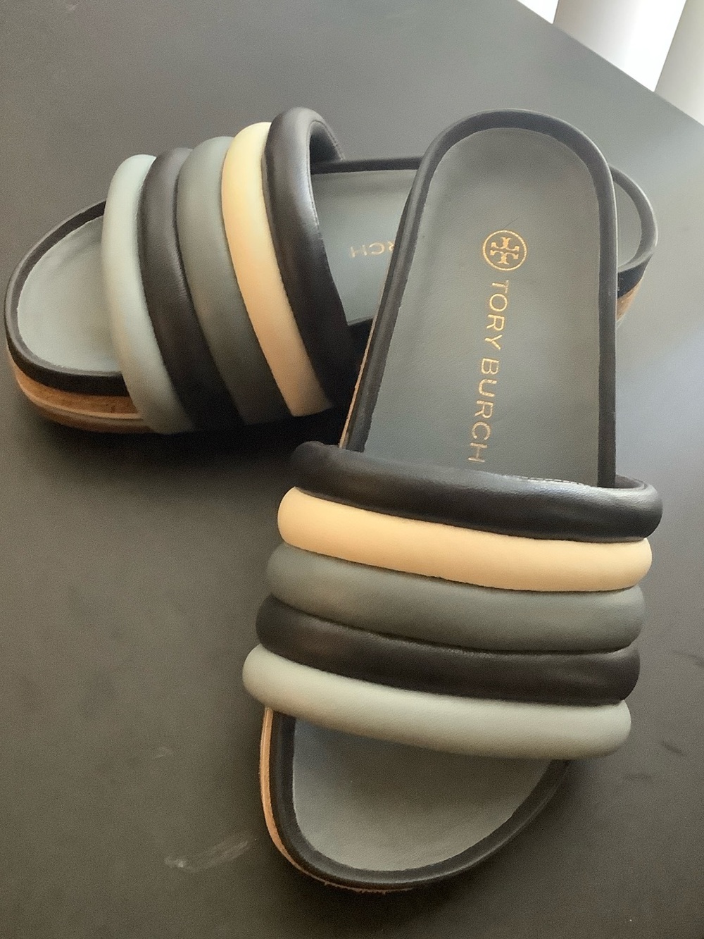 Tory Burch Padded Multi-Band Slide Sandals in Black, Gray & Cream